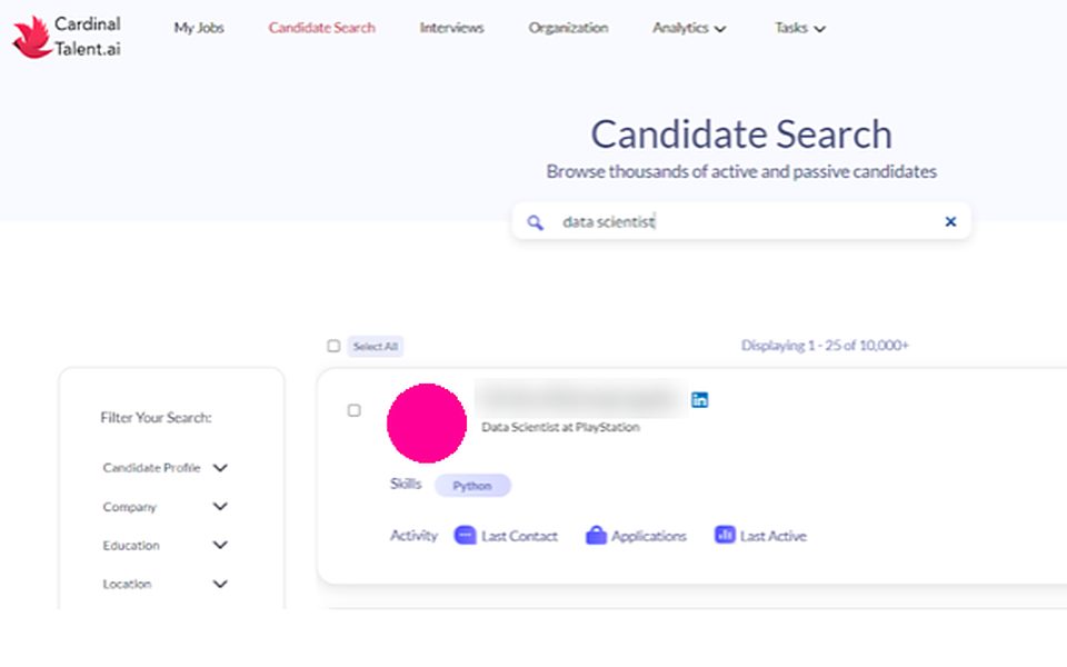 CardinalTalent.AI candidate search results for ‘data scientist’