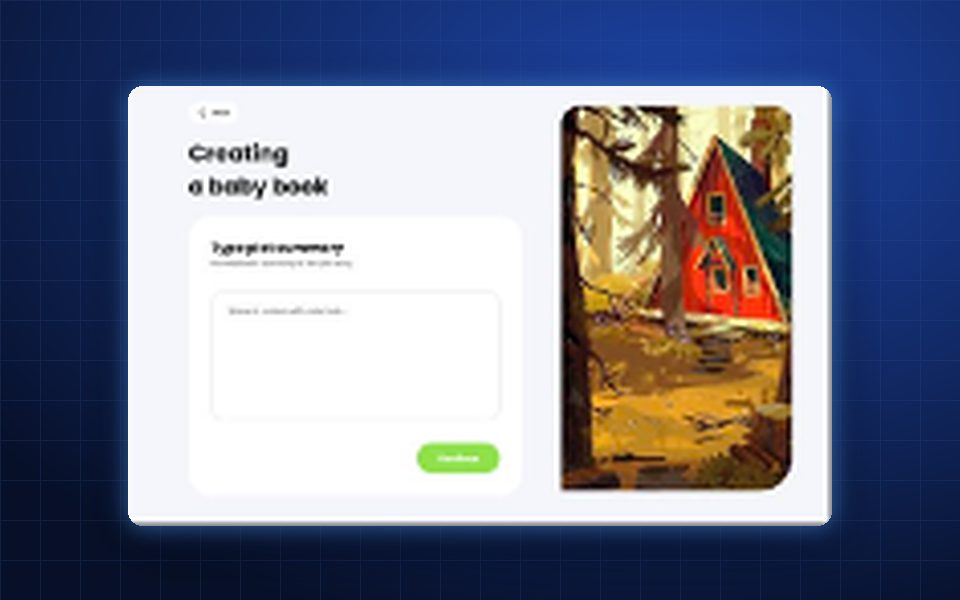 Little Author app screen ‘Creating a baby book’ next to an AI-generated illustration of a red cabin in a forest