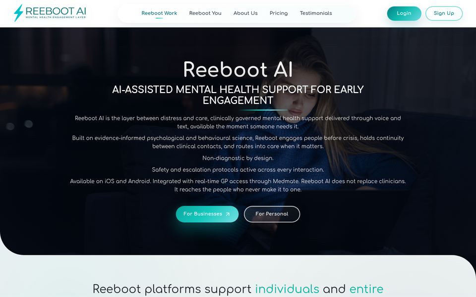Homepage of reebootai.com: ‘Reeboot AI — AI-assisted mental health support for early engagement’