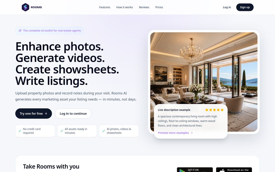 Homepage of rooms.works: ‘Enhance photos. Generate videos. Create showsheets. Write listings.’