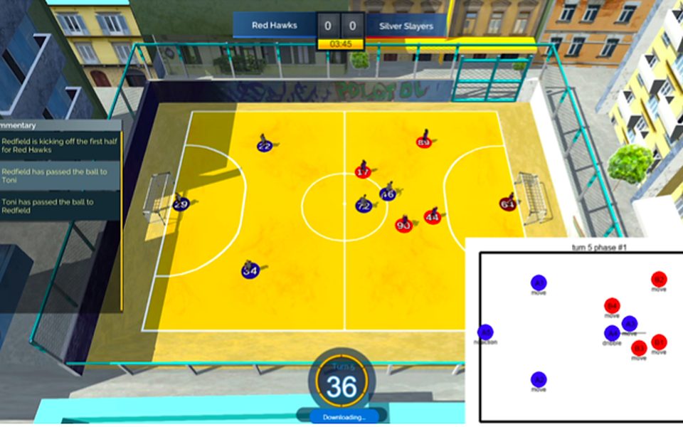Super Soccer Club match: AI-controlled players on the pitch and the bot engine’s move plan