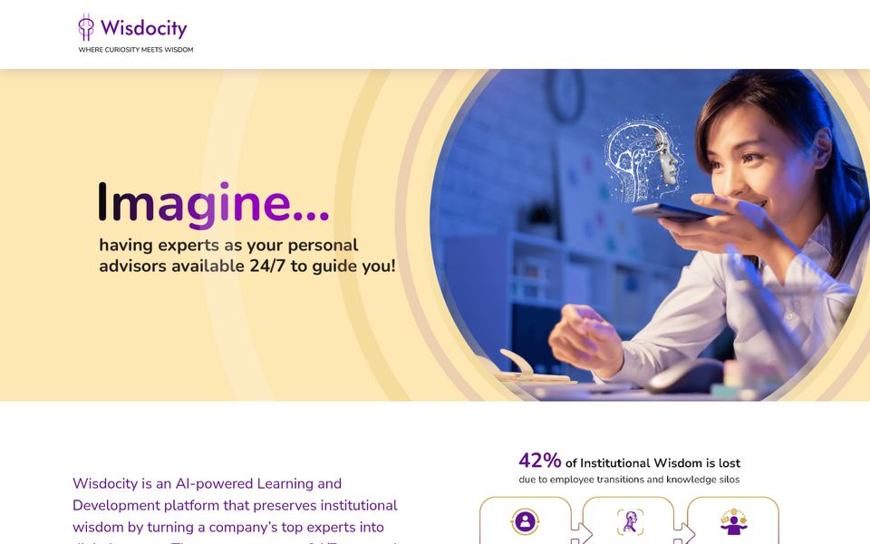Homepage of wisdocity.ai: ‘Imagine… having experts as your personal advisors available 24/7’
